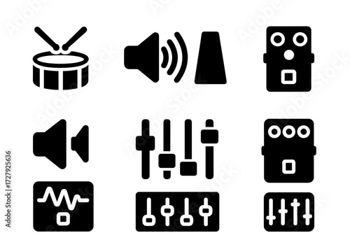 Audio Effects Icons. Solid, filled icon set of drumroll sound effects: reverb, echo, delay, volume control, equalizer, compressor, distortion, audio mixer.