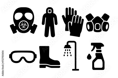 Personal Protection Icons. Solid, filled icon set of personal protection against toxins: gas mask, hazmat suit, protective gloves, respirator, safety goggles,