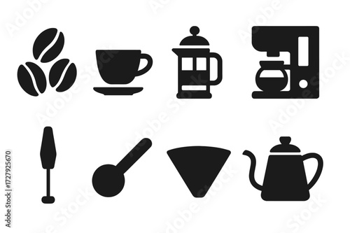 Coffee Icon Set. Solid, filled icon set of coffee preparation: coffee beans, espresso shot, French press, drip coffee maker, milk frother, coffee scoop, coffee