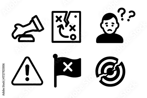 Failed Strategy Icons. Solid, filled icon set of wrong strategy: chess piece toppled, broken plan, failed move, cross mark, confused player, warning sign,