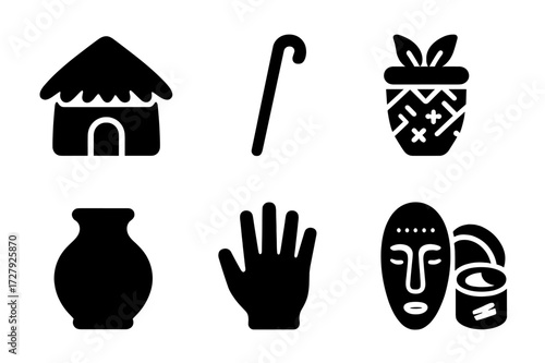 Village Healer Icons. Solid, filled icon set of village healer: hut, walking stick, herb basket, woven cloth, water pot, handprint symbol, ancestor mask, tree
