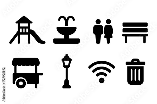 Urban Amenities Icons. Solid, filled icon set of urban amenities: playground, fountain, public restroom, bench, street vendor, streetlight, public Wi-Fi, trash