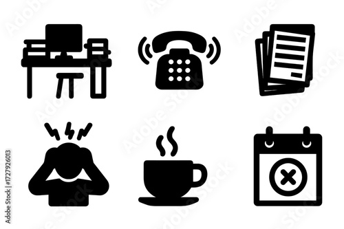 Workplace Stress Icons. Solid, filled icon set of workplace stress: overloaded desk, ringing phone, clock ticking, paper pile, stressed worker, coffee cup,