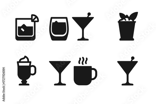 Whiskey Cocktail Icons. Solid, filled icon set of whiskey cocktails: old fashioned, whiskey sour, Manhattan, mint julep, Irish coffee, boulevardier, hot toddy,