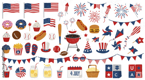 Vibrant Independence Day celebration icons featuring fireworks, BBQ, festive treats, and patriotic decor for a joyful 4th of July party.