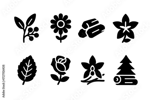 Soothing Scent Icons. Solid, filled icon set of soothing scents: eucalyptus, chamomile, sandalwood, jasmine, peppermint, rose, vanilla, cedarwood. Solid,