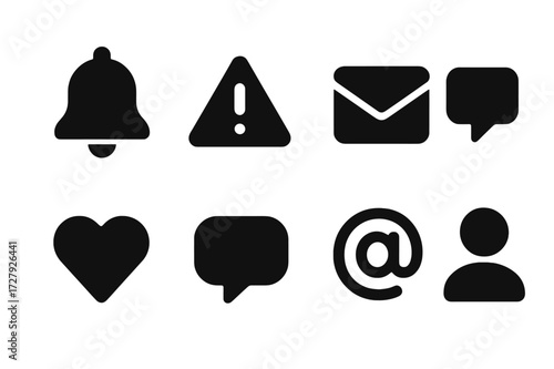 Social Media Icons. Solid, filled icon set of social media notifications: bell, alert, email, message, like, comment, mention, follow request. [Line icons in