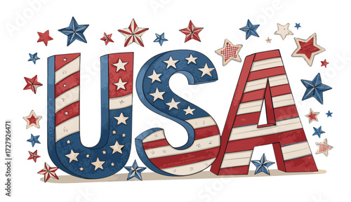 Vibrant 3D USA letters adorned with patriotic stars and stripes, perfect for celebratory events and national pride themes.