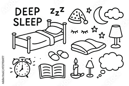 Sleep Essentials Doodle. Hand-drawn doodle illustration Deep sleep bed, pillow, blanket, Zzz letters, moon, stars, cloud, nightcap, closed eyes, slippers,
