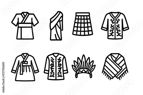 Traditional Attire Icons. Outline icon set of traditional clothing: kimono, sari, kilt, dashiki, hanbok, embroidered jacket, feather headdress, woven shawl.