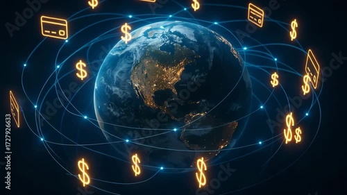 A digital network connecting the world with money symbols and credit cards, symbolizing global financial transactions.