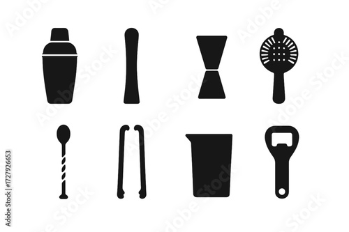 Bartender Tools Icons. Solid, filled icon set of bartender tools: cocktail shaker, muddler, jigger, strainer, bar spoon, ice tongs, mixing glass, bottle