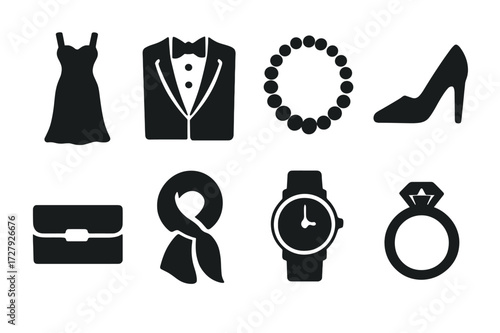 Elegant Fashion Icons. Solid, filled icon set of elegance in fashion: evening gown, tuxedo, pearl necklace, stiletto heels, clutch bag, silk scarf, wristwatch,
