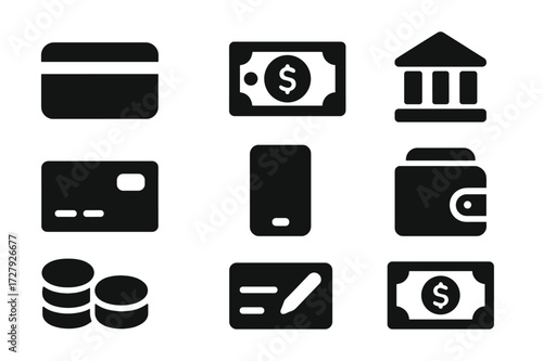 Payment Methods Icons. Solid, filled icon set of payment methods: credit card, cash, mobile payment, bank transfer, cheque, digital wallet, coin stack, dollar