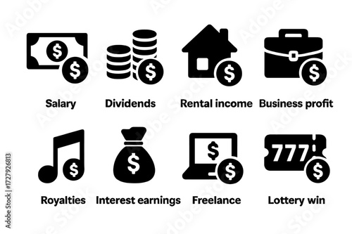 Income Source Icons. Solid, filled icon set of income sources: salary, dividends, rental income, business profit, royalties, interest earnings, freelance,