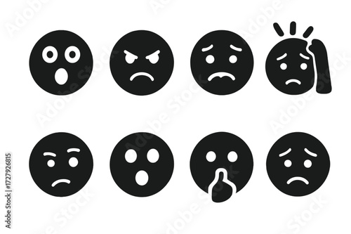 Blackmail Emotion Icons. Solid, filled icon set of blackmail emotions: fear, anger, anxiety, stress, suspicion, shock, secrecy, despair. Solid, filled icons in
