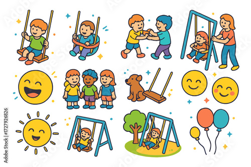 Playful Swings Playground. Kids playing swings. Colorful isometric vector icons set of kids playing swings: child on wooden swing, toddler in baby swing, kids