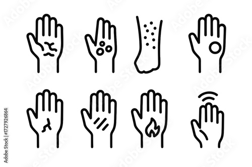Dry Skin Icons. Solid, filled icon set of dry skin related conditions: eczema, psoriasis, dermatitis, redness, cracking, scaling, inflammation, itching. Line