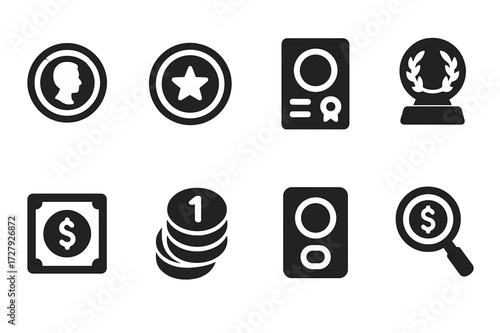 Collectible Coin Icons. Solid, filled icon set of collectible coins: commemorative coin, special edition, coin certificate, display stand, protective case,
