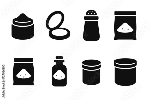 Black Powder Container Icons. Solid, filled icon set of powder containers: powder jar, compact case, shaker bottle, plastic bag, paper pouch, glass vial, metal