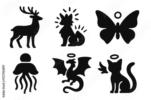 Enchanted Light Creatures Icons. Solid, filled icon set of enchanted light creatures: light deer, radiant fox, glowing butterfly, spirit dove, orb jellyfish,