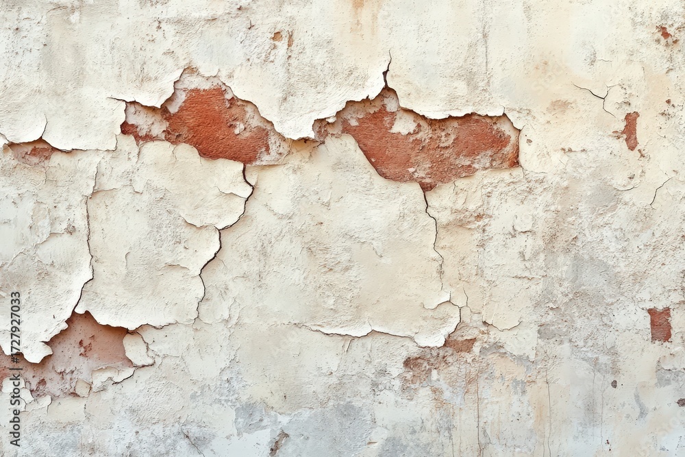 Obraz premium An aged, weathered wall exhibits peeling paint and intricate cracks, revealing the underlying reddish-brown brick beneath.