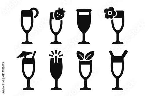 Black Cocktail Decorations. Solid, filled icon set of champagne glass decoration: lemon twist, strawberry slice, sugar rim, edible flower, cocktail umbrella,