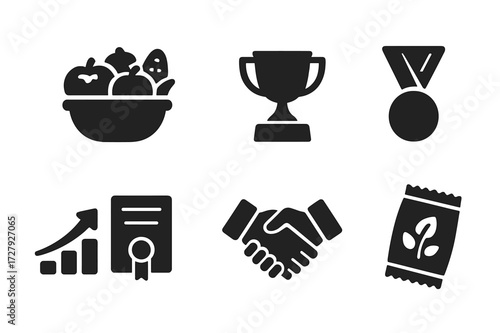 Crop Yield Icons Grid. Solid, filled icon set of crop yield: basket of produce, weighing scale, trophy, medal, chart upward, certificate, handshake, seed