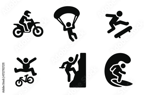 Extreme Sports Icons. Solid, filled icon set of reckless sports: motocross jump, base jumping, parkour, skateboarding trick, skydiving, BMX stunt, cliff