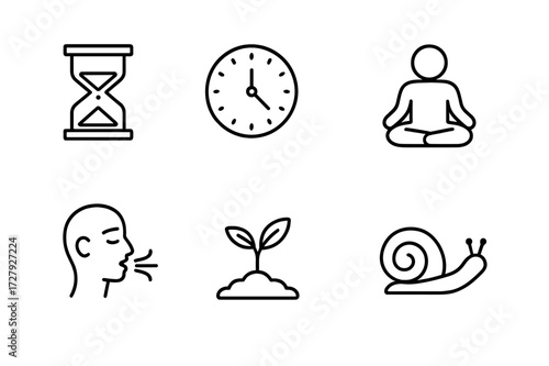 Patience Icon Set. Outline icon set of patience concepts: hourglass, clock, calendar, meditation pose, deep breath, waiting line, seedling growth, slow