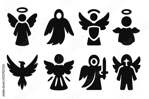 Celestial Icon Set. Solid, filled icon set of celestial beings: light angel, spirit warden, winged guardian, halo entity, glowing elemental, divine bird,