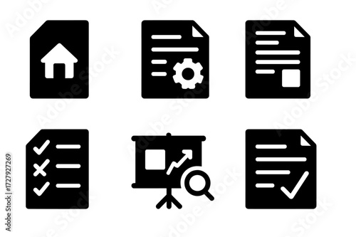 Assignment Icon Set. Solid, filled icon set of assignment types: homework, project, essay, report, quiz, presentation, research, exam. [Line icons in only