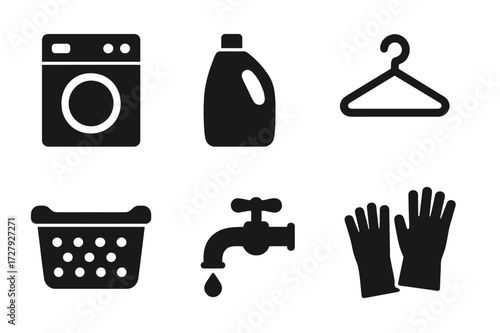 Laundry Essentials Icons. Solid, filled icon set of washing essentials: washing machine, detergent bottle, laundry basket, clothes hanger, soap bar, water tap,