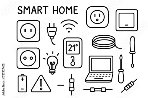 Smart Home Doodle Elements. Hand-drawn doodle illustration Smart home wiring smart plug, socket, switch, outlet, Wi-Fi signal, cable, light bulb, thermostat,