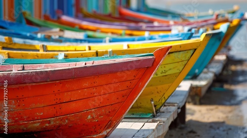 Wallpaper Mural Row of heritage wooden boats painted bold colors on seaside dock vibrant cultural stock photo perfect for tourism traditions and global travel Torontodigital.ca