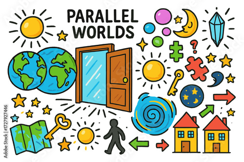 Parallel Worlds Adventure. Parallel Worlds. Colorful Hand-drawn doodle Children illustration Parallel Worlds two Earths, mirror door, glowing orb, multiverse