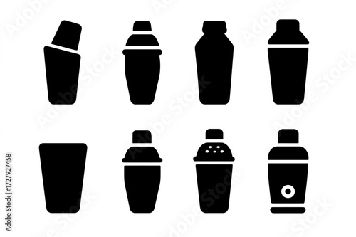 Shaker Icon Set. Solid, filled icon set of shaker types: Boston shaker, Cobbler shaker, French shaker, tin shaker, glass shaker, metal shaker, cocktail shaker