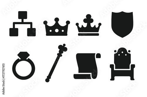 Royal Symbols Icons. Solid, filled icon set of peerage lineage: family tree, coronet, crown, heraldic shield, royal ring, scepter, scroll, throne. Solid,