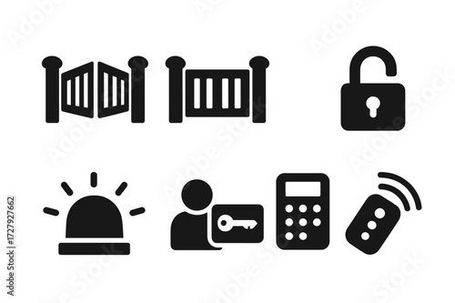 Gate Function Icons. Solid, filled icon set of gate functions: open, close, lock, unlock, alarm, access control, keypad, remote control. [Line icons in only