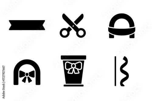 Event Ribbon Icons. Solid, filled icon set of event ribbons: grand opening ribbon, ribbon cutting, stage bow, ceremonial ribbon, welcome arch ribbon, podium
