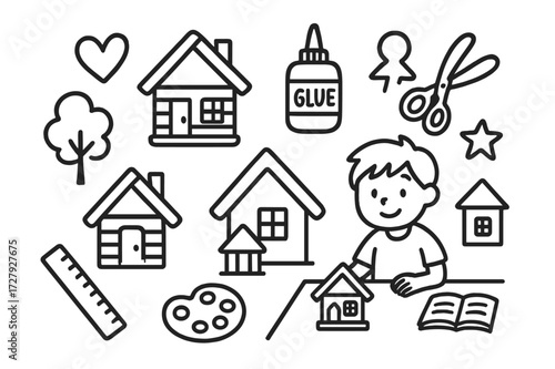 Miniature House Doodle. Hand-drawn doodle illustration Handmade mini houses popsicle sticks, roof, door, window, glue bottle, scissors, ruler, child figure,