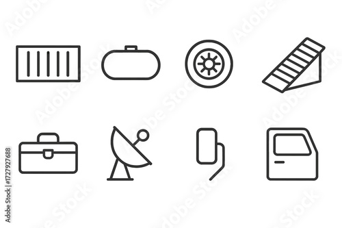 Supply Truck Icons. Outline icon set of supply truck: cargo container, fuel tank, spare tire, loading ramp, toolbox, satellite antenna, rearview mirror, side