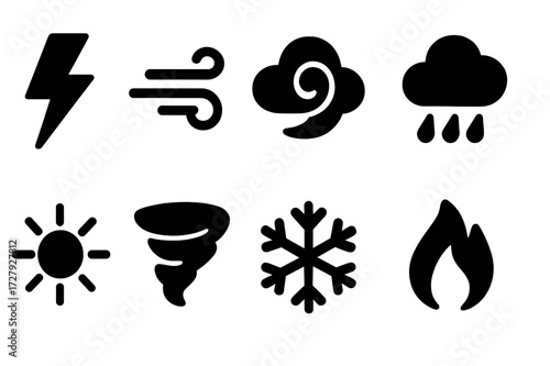 Dynamic Weather Icons. Solid, filled icon set of dynamic weather: lightning bolt, gust of wind, swirling cloud, rain drops, sun rays, tornado, snowflake, fire