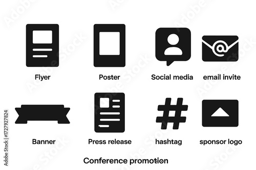Conference Promotion Icons. Solid, filled icon set of conference promotion: flyer, poster, social media, email invite, banner, press release, hashtag, sponsor