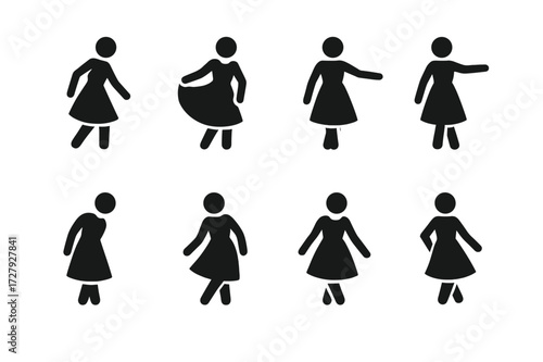 Curtsy Dance Icons. Solid, filled icon set of curtsy dance moves: step down, skirt sweep, knee bend, arm extension, head bow, foot twist, hand glide, turn.