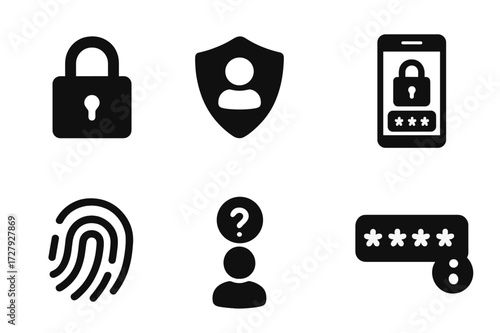 Account Security Icons. Solid, filled icon set of account security: lock icon, shield with user, fingerprint login, two-factor authentication, password reset,
