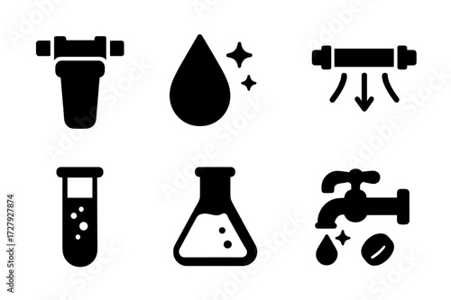 Water Purification Icons. Solid, filled icon set of water purification: filter, water drop with sparkles, charcoal, UV light, water test tube, lab flask, clean