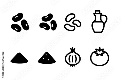 Bean Dip Ingredients Icons. Solid, filled icon set of bean dip ingredients: black beans, kidney beans, pinto beans, olive oil, cumin, chili powder, onion,