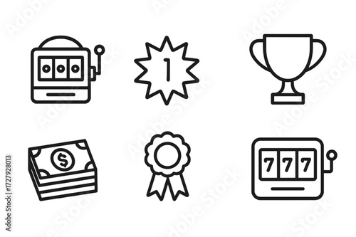 Casino Jackpot Icons. Outline icon set of casino jackpots and prizes: jackpot machine, big win, gold coin, trophy, cash stack, prize ribbon, confetti, slot