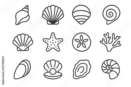 Seashell Icon Set. Seashells. Line icon set of seashells: conch shell, scallop shell, clam shell, spiral shell, fan shell, starfish, sand dollar, coral piece,